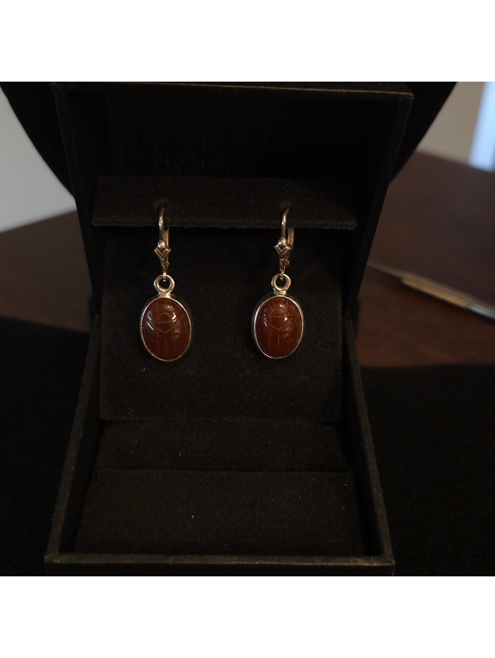 Vintage Sterling Silver Carved Carnelian Scarab Earrings